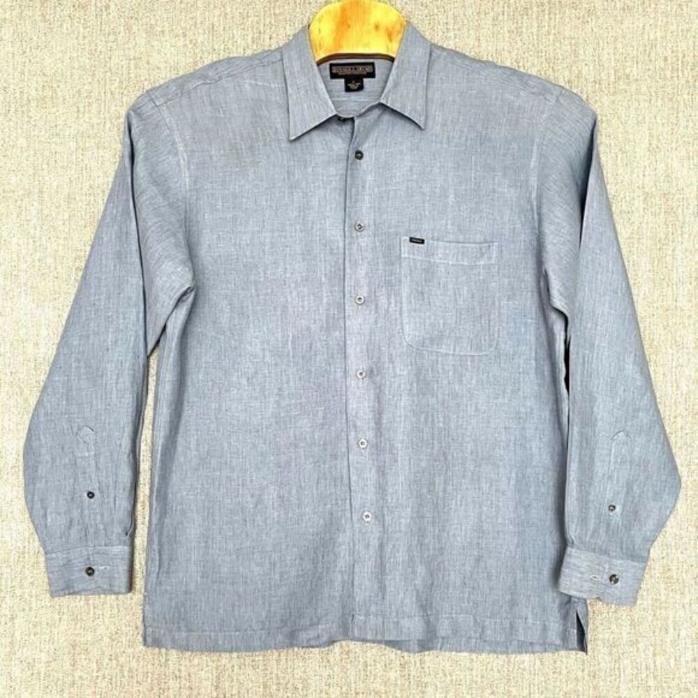 Donald J Trump Signature‎ Collection Shirt L Blue Linen Button Up Long Sleeve